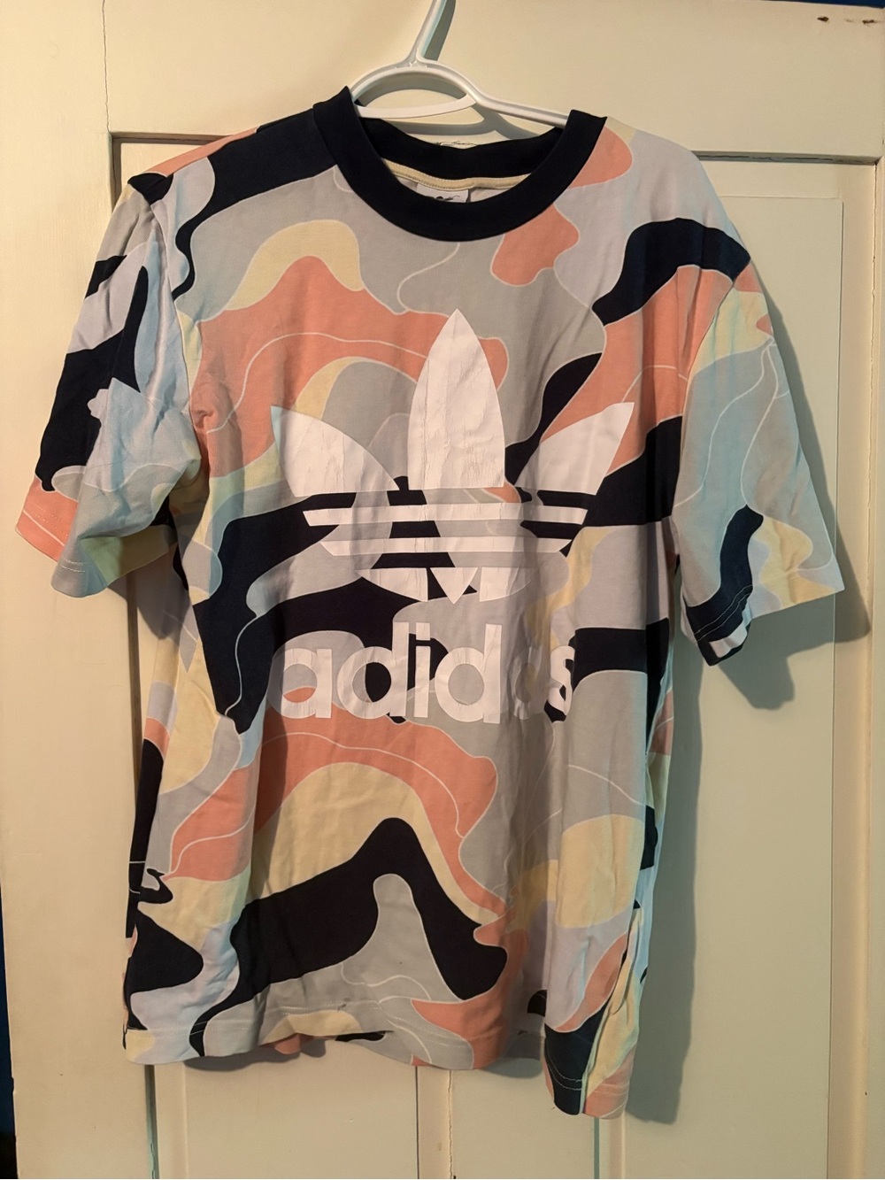 adidas White and Navy Trefoil Tee with Peach Accents